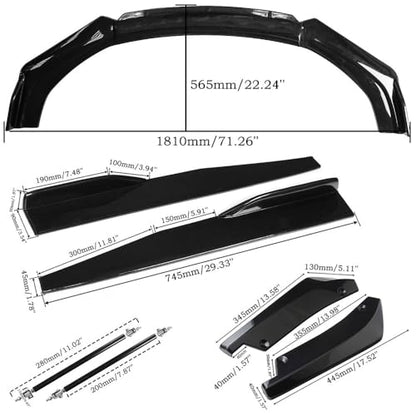 Universal Car Front Bumper Lip Spoiler Body Kits + 2M / 86.6" Side Skirt Extension Rocker Panel Body Kit + 48CM Auto Rear Bumper Lip Diffuser (63"-70") - color: 63"-70" Black
