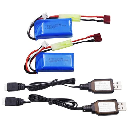 Blomiky 2 Pack 7.4V 1200mAh 8.88Wh Li-PO Battery and 2 USB Charger Cable Replacement for 1/18 Scale 9310YL 9300 9301E 9302E 9303E 9304E 9305E RC Truck / 9300 1200 2