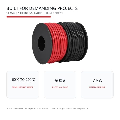 TUOFENG 18 AWG Silicone Wire, 100 ft Red and Black | Flexible Stranded Tinned Copper Hookup Wire, 600V High Temperature, For Automotive, RC, Battery, LED and DIY Projects - size: 18 AWG Silicone Wire 2 Colors 50ft Each