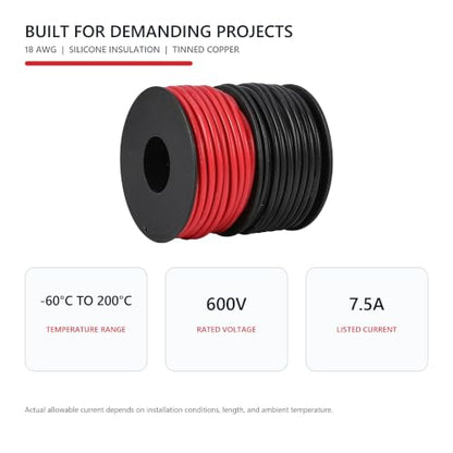 TUOFENG 18 AWG Silicone Wire, 100 ft Red and Black | Flexible Stranded Tinned Copper Hookup Wire, 600V High Temperature, For Automotive, RC, Battery, LED and DIY Projects - size: 18 AWG Silicone Wire 2 Colors 50ft Each