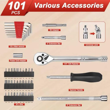 Egofine 1/4”Drive Socket Ratchet Wrench Set,101 PCS Metric(4-14mm),SAE(5/32-9/16”),with 72-Teeth Ratchet Wrench,Bit Socket Set,Extension Bar,Allen wrench for Auto Repair and Household - style: 1/4" 101 PCS with 72 Teeth Ratchet