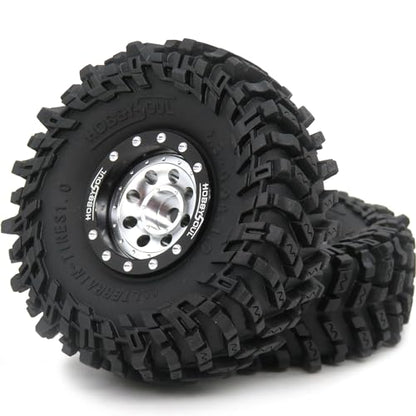 RC 1.0 tires Soft Sticky Tyres 64mm tall Mounted Heavy 1.0 beadlock wheels Deep Dish Offset Black Silver Rims For RC Mini Mud Crawler 1/18 TRX4M 1/24 SCX24 FMS24 FCX24 - color: Black & Silver