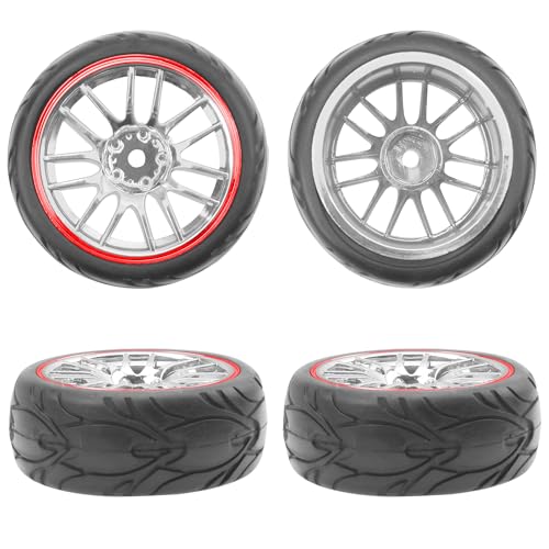 ShareGoo RC OD 2.59" Plastics 12mm Hex Wheels Rims & Rubber Tires Set 14-Spoke Compatible with Traxxas Tamiya Sakura HSP Kyosho WLtoys 1/10 RC On-Road Racing Touring Car (Red) - color: Red
