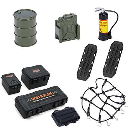 RC Crawler Car Accessories Roof Decoration Set, 10 pcs, Luggage Net, Oil Drum, Recovery Board, Fuel Tank, Fire Extinguisher, Toolboxes for 1/18 1/24 TRX4M SCX24 SCX10 GEN FMS Upgrade Parts