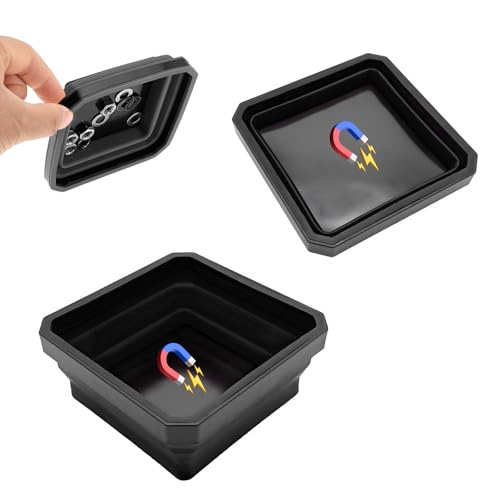 Yourkar Collapsible Magnetic Parts Tray, 4.5 Inch Foldable Magnetic Square Silicone Tray, Tool Tray Set with Double-Sided Magnetic Base for Screw Bolts Nuts Pins, Car Accessories (Black+Black, 2PCS) - color: Black+Black, 2PCS