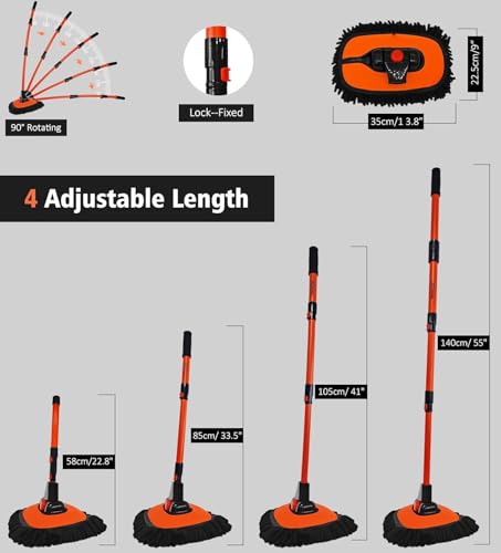 57'' Car Wash Brush with Long Handle Chenille Microfiber Car Wash Kit Mitt Retractable Bent Pole Car Wash Mop for Cars RV Truck Boat (Orange-2) - color: Orange-2