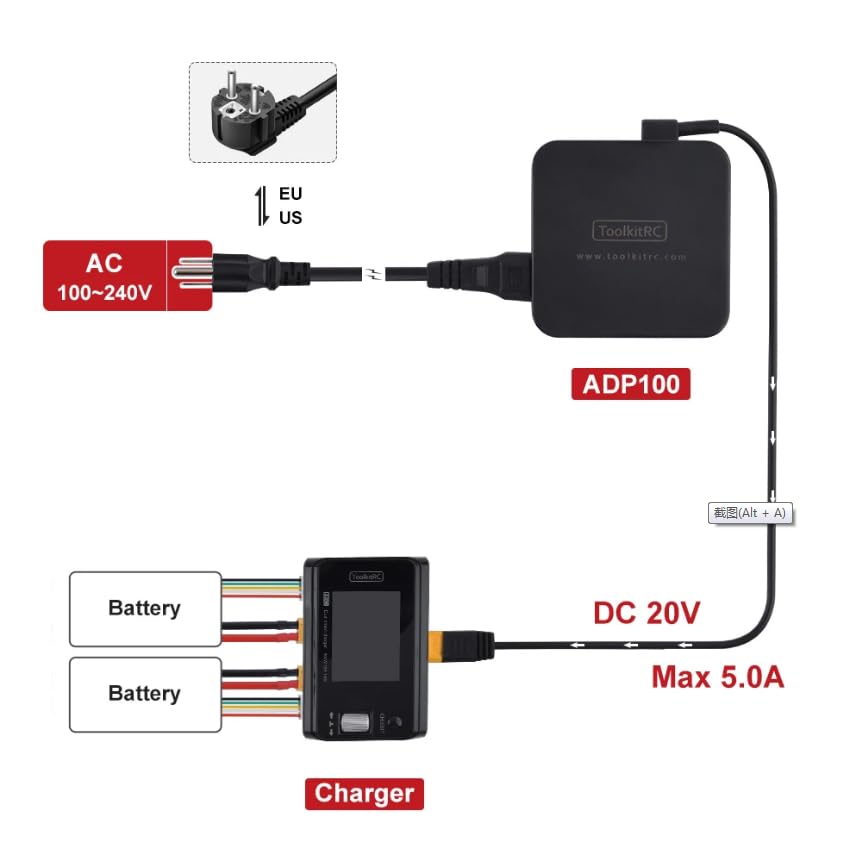 ToolkitRC M6D 15A x 2 DC Dual-Channel Output 1-6s Charger Discharger and ADP100 100w 20v 5A Power Supply Unit Set Sell, Black