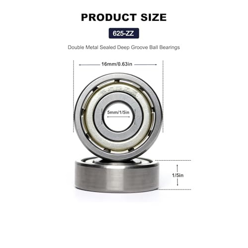 20 PCS 625-ZZ Double Shielded Ball Bearings 5x16x5 mm, Precision P6/ABEC 3, High Speed Chrome Steel, Pre-Lubricated for Smooth RPM Performance - size: 625-ZZ