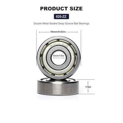 20 PCS 625-ZZ Double Shielded Ball Bearings 5x16x5 mm, Precision P6/ABEC 3, High Speed Chrome Steel, Pre-Lubricated for Smooth RPM Performance - size: 625-ZZ