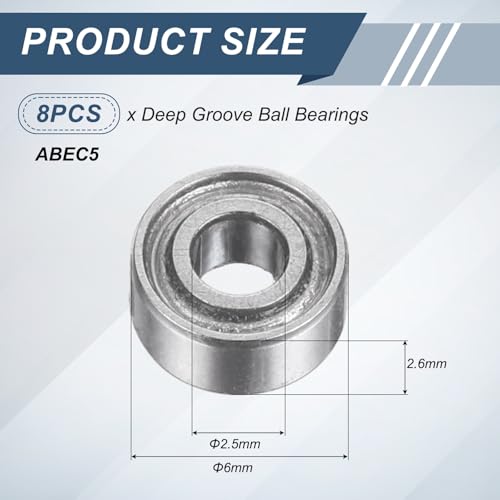 uxcell 8Pcs 682XZZ 2.5mmx6mmx2.6mm Deep Groove Ball Bearings, Double Metal Shielded Bearing Steel ABEC5 High Performance for Industrial Machinery Precision Transmission, Silver - size: 682XZZ 2.5mmx6mmx2.6mm