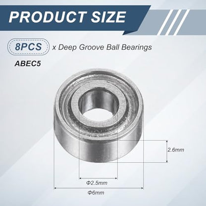 uxcell 8Pcs 682XZZ 2.5mmx6mmx2.6mm Deep Groove Ball Bearings, Double Metal Shielded Bearing Steel ABEC5 High Performance for Industrial Machinery Precision Transmission, Silver - size: 682XZZ 2.5mmx6mmx2.6mm