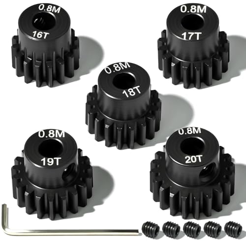 5Pcs 0.8M Hardened Steel Pinion Gear Set 5mm Shaft 16T 17T 18T 19T 20T Motor Pinion Gear with M4 Screw and Hex Key, for Arrma HPI Kyosho Losi Axial Traxxas Tamiya 1/10 RC Car and 540/550 Motors - size: 0.8M-5mm-16-20T