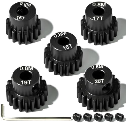 5Pcs 0.8M Hardened Steel Pinion Gear Set 5mm Shaft 16T 17T 18T 19T 20T Motor Pinion Gear with M4 Screw and Hex Key, for Arrma HPI Kyosho Losi Axial Traxxas Tamiya 1/10 RC Car and 540/550 Motors - size: 0.8M-5mm-16-20T