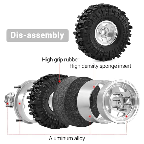 1.9" Pre-Assembled Beadlock Wheels and Tires 118mm (4.65in) for SCX10 TRX4 1/10 RC Crawlers – Aluminum Rims, Soft Rubber Tires with Foam Inserts, Easy-Install Upgrade Parts (Silvery) - color: silvery