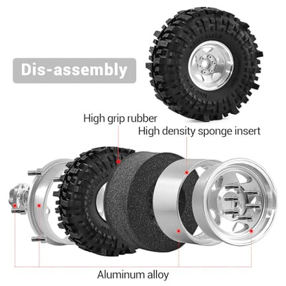 1.9" Pre-Assembled Beadlock Wheels and Tires 118mm (4.65in) for SCX10 TRX4 1/10 RC Crawlers – Aluminum Rims, Soft Rubber Tires with Foam Inserts, Easy-Install Upgrade Parts (Silvery) - color: silvery