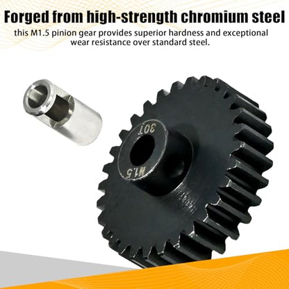 M1.5 30T Pinion Gear 8mm Bore with 8mm to 5mm Shaft Adapter Sleeve, Chromium Steel Motor Gear with Set Screw & Hex Key for Traxxas ARRMA Losi 1/5 1/8 RC Cars - size: 30T
