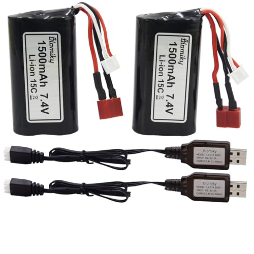 Blomiky 2 Pack 7.4V 1500mAh 15C Li-ion Rechargeable Battery with T Plug Connector and USB Cable for 9155 and 9156 1:12 Scale High Speed RC Truck 9156