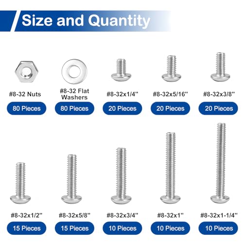 280Pcs #8-32 x 1/4" to 1-1/4" Pan Head Machine Screws Kit with Nuts Washers | 304 Stainless Steel, UNC Fully Threaded Phillips Drive, 8 Lengths for Furniture Cabinet, Electrical Outlets, Appliance Repair - size: #8-32