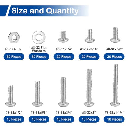 280Pcs #8-32 x 1/4" to 1-1/4" Pan Head Machine Screws Kit with Nuts Washers | 304 Stainless Steel, UNC Fully Threaded Phillips Drive, 8 Lengths for Furniture Cabinet, Electrical Outlets, Appliance Repair - size: #8-32