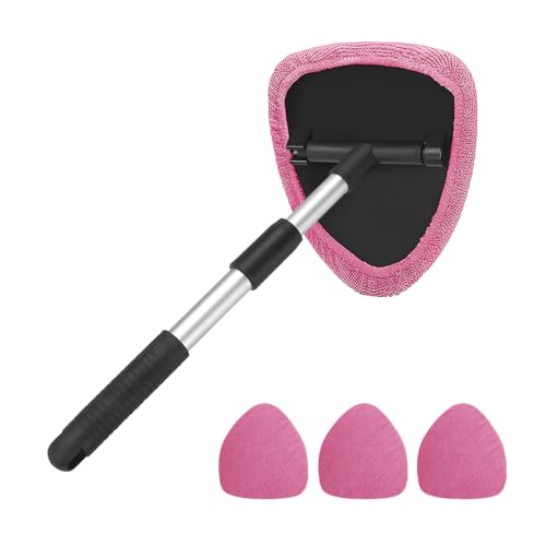 Windshield Cleaning Tool, Car Window Cleaner with Extendable Long Handle and 4 Washable Reusable Microfiber Pads, Auto Interior Exterior Glass Wiper Cleaning Kit Universal for Office and Home (Pink) - color: Pink