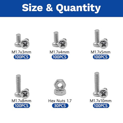 530Pcs M1.7 304 Stainless Steel Metric Micro Screws Nuts Assortment | M1.7x3/4/5/6/8mm Sizes, Phillips Pan Head, Fully Threaded Kit for Arduino, RC Models, Electronics, DIY Projects - size: M1.7x3/4/5/6/8- 530 Pcs