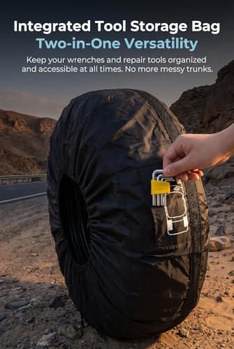 Spare Tire Cover, 190T Polyester Taffeta Waterproof Auto Wheel Bags, Portable Tire Storage Bag with Pocket and Handle, Adjustable Drawstring for 19"-23" Tires, Universal for Most Cars (Black)