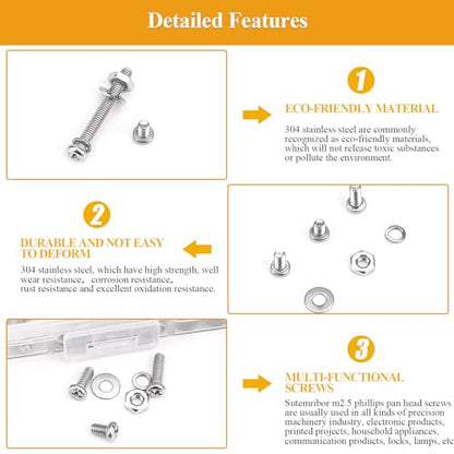 705 Pieces M2.5 Machine Screws Nuts Washers Set, Sutemribor M2.5 x 4/6/8/10/12/16/20mm Phillips Pan Head Machine Screws Nuts Washers Assortment Kit, 304 Stainless Steel, Fully Threaded - size: M2.5 Screws Kit, style: Phillips Pan Head