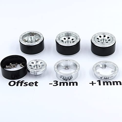 Adjustable Offset RC 1.0 Wheels and Tires, 1/24 Tires & Heavy 1.0 Beadlock Wheels Silver for 1:24 RC Crawler Axial SCX24 Upgrade & Other 1/24 Crawler Truck,(4-Pack, Assembled) - color: Silver
