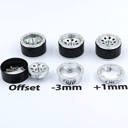 Adjustable Offset RC 1.0 Wheels and Tires, 1/24 Tires & Heavy 1.0 Beadlock Wheels Silver for 1:24 RC Crawler Axial SCX24 Upgrade & Other 1/24 Crawler Truck,(4-Pack, Assembled) - color: Silver