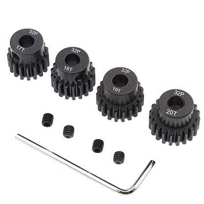 4PCS Metal Steel 32P 5mm Pinion Gear Set 17T 18T 19T 20T with Hex Key for RC Cars(Compatible with 0.8 Metric Pitch)