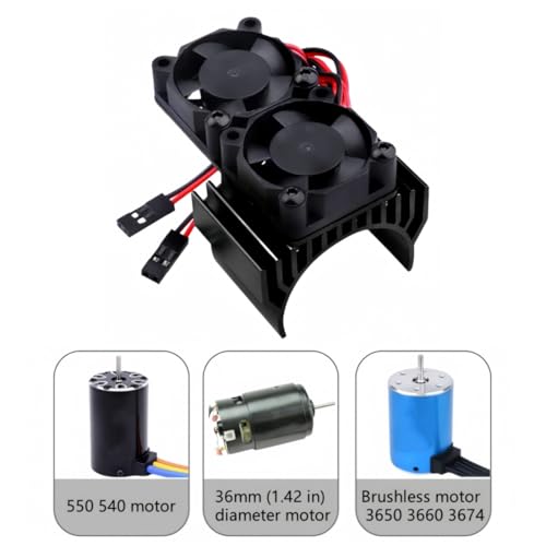 RC Motor Fan Radiator Aluminum Heat Sink Twin Cooling Fan for 1/10 RC Car 540/550 Track HSP HPI Wltoys Himoto Tamiya (Black)
