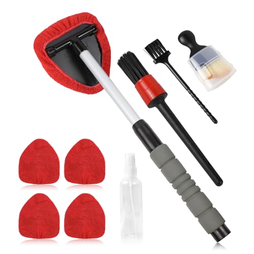 wuyaoyao 14PCS Car Windshield Cleaning Tool, Car Glass Wiper Kit with Window Cleaner, Microfiber Pads, Spray Bottle, Extendable Handle, Interior Detailing Dust Brush, Car Cleaning Supplie (Red) - color: Red