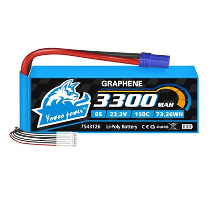 Yowoo 6S 22.2V 3300mAh 150C Graphene LiPo Battery EC5 | Fits Align Trex 500-550, Goblin 500/630, Gaui Helis, RC Cars, Boats, Trucks and Quadcopters
