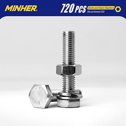 MINHER 720PCS M4 M5 M6 Bolts and Nuts Assortment Kit 304 Stainless Steel(18-8) Hex Screws Nuts & Washers, Includes 15 regular sizes