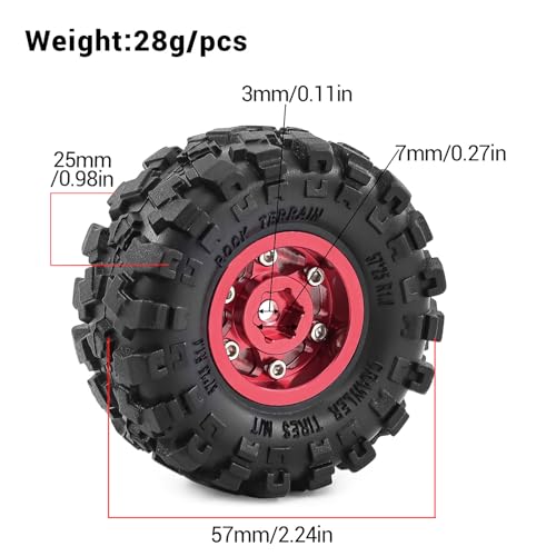 1.0" Beadlock Aluminum Wheels and 57mm Soft Rubber Tires | for SCX24, TRX4M, Ascent 18, FCX24, 1/18 1/24 RC Crawler, 7mm Hex, 0mm Offset, with Foam Inserts, (Red 3) - color: Red 3