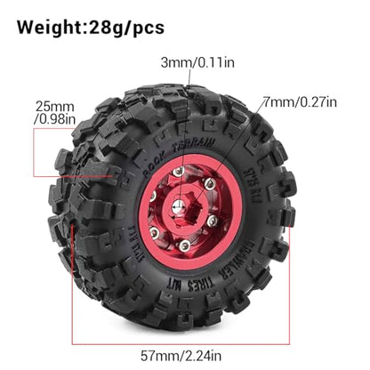 1.0" Beadlock Aluminum Wheels and 57mm Soft Rubber Tires | for SCX24, TRX4M, Ascent 18, FCX24, 1/18 1/24 RC Crawler, 7mm Hex, 0mm Offset, with Foam Inserts, (Red 3) - color: Red 3