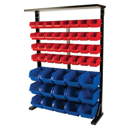 Performance Tool W5193 Half Bulk Bin Storage Rack with 32 Bins | Red and blue sorting trays. Black powder coated steel frame measures 45x37x11 in. Assembly hardware included - style: 47-Bin Half Storage Rack