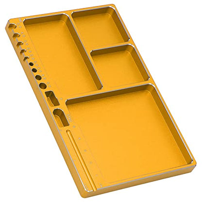 RC Magnetic Tray, 16x10x1.1cm Universal Aluminium Alloy Screw Tray RC Model Repair Tool Tray with Magnetic Pad for RC Trucks (Gold) - color: Gold