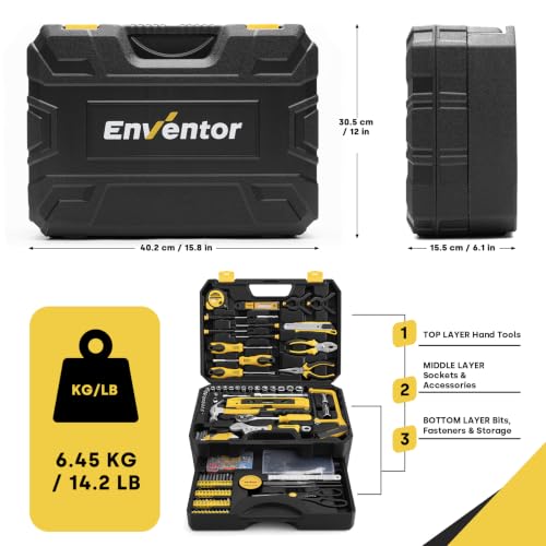 Enventor 419 PCS Home Tool Kit for DIY Repair, Home Maintenance with Drawer | General Home Auto Repair Tool Set Toolbox 3-Layer Organized Storage for Handyman, Homeowner