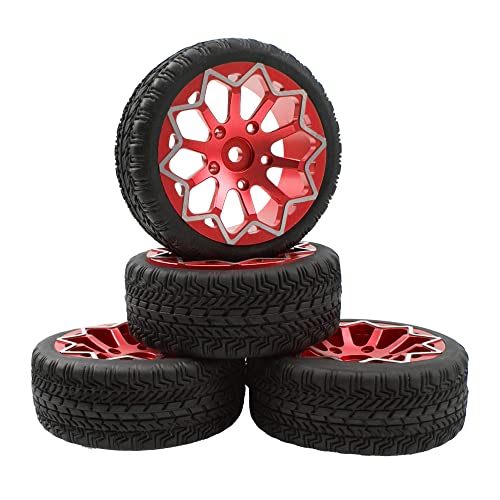ShareGoo Metal Wheel Rims with Rubber Tire RC 12mm Hex Compatible with HSP Tamiya Kyosho RedCat Sakura WLtoys 1/10 RC On-Road Racing Touring Car (Red) - color: Red