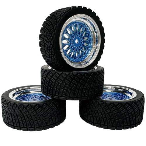 4PCS 65mm RC Rally Car Rubber Tires and Plastic Plating Wheel Rims Set 12mm Hex for 1/10 RC On-Road Rally Drift Racing Car for Tamiya HPI WR8 HSP TT02 WLtoys(Blue Silver) - color: Blue Silver