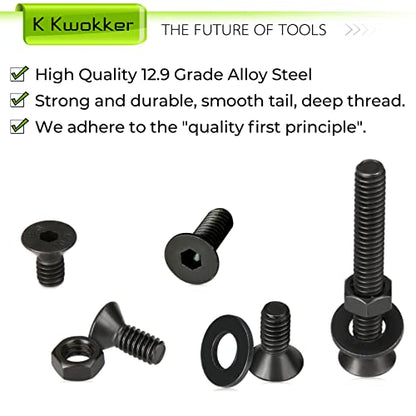 1/4 20 Bolt and Nuts, with Washers for Screws, Hex Socket Flat Head 7 Sizes are 2", 1-1/2", 1-1/4", 1", 3/4", 5/8", 1/2", 10.9 Grade Alloy Steel, Black, Full Machine UNC Thread - size: 1/4 20 Hex Socket Flat Head