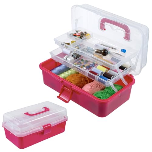 MyGift 13-Inch Dark Pink Plastic Craft Organizer and Storage Box – Clear Carrying Case with Latching Lid & 2 Expandable Trays for Sewing, Tools, First Aid, and Art Supplies - color: Fuscia