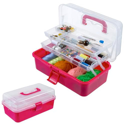 MyGift 13-Inch Dark Pink Plastic Craft Organizer and Storage Box – Clear Carrying Case with Latching Lid & 2 Expandable Trays for Sewing, Tools, First Aid, and Art Supplies - color: Fuscia