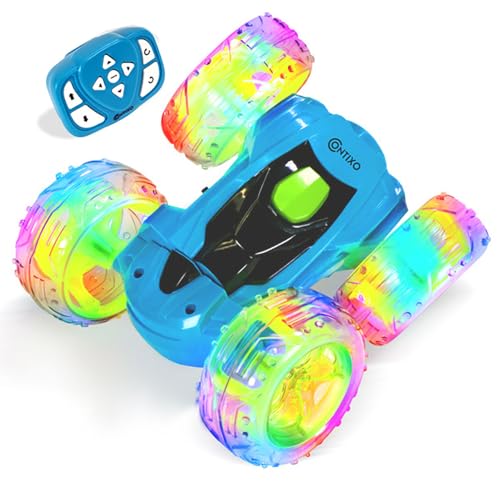 Contixo SC3A Toy Remote Control Car for Kids with Double-Sided 360° Rotating Stunt, 4WD Off-Road RC Cars with LED Lights, Birthday for Boys and Girls Ages 4 5 6 7 - Blue - color: Blue