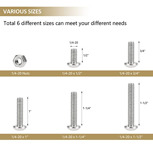 58 Pieces 1/4-20x 1/2", 3/4", 1", 1-1/4", 1-1/2", Phillips Pan Head Machine Screws Nuts Assortment Kit, 304 Stainless Steel, Fully Machine Thread - size: 1/4"-20