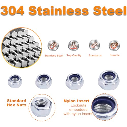 M8 M6 M5 M4 Locknuts Assortment Kit 95PCS Nylon Insert | Metric M4x0.7mm M5x0.8mm M6x1.0mm M8x1.25mm 304 Stainless Steel Self-Locking Right Hand - size: M4-M8 Assortment (95PCS)