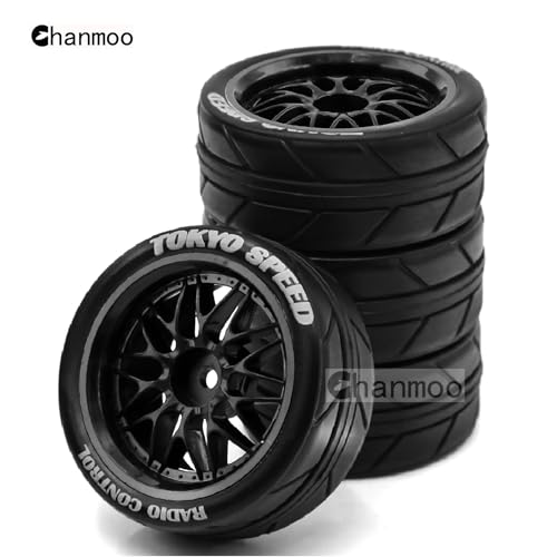 1/10 RC On Road Tires And Plastic Rally Wheels 12mm Hex Drift Tyres For 1:10 Scale Racing Touring Street Car Tamiya TT01 TT02 XV01 TA06 A959 144001 HPI KYOSHO HSP PTG2 Traxxas 4PCS (Black) - color: Black