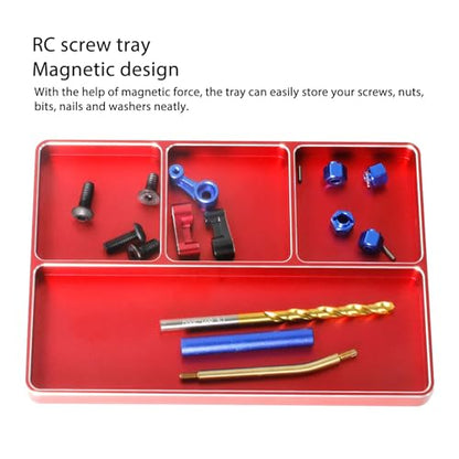 HERCHR Magnetic Tray for Screws, 4 Grids Aluminum Alloy RC Repair Screw Tray with Magnetic Pad Parts Organizer for 1/10 1/8 RC Car Airplanes (Red) - color: Red