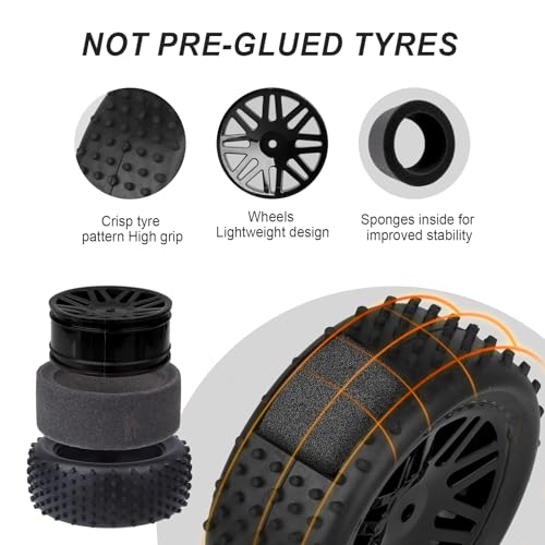 Hobbypark (4-Pack) 1/10 Scale Off Road Buggy Tires & Wheel Rims Set Front and Rear 12mm Hex Hubs with Foam Inserts for RC Hobby Car